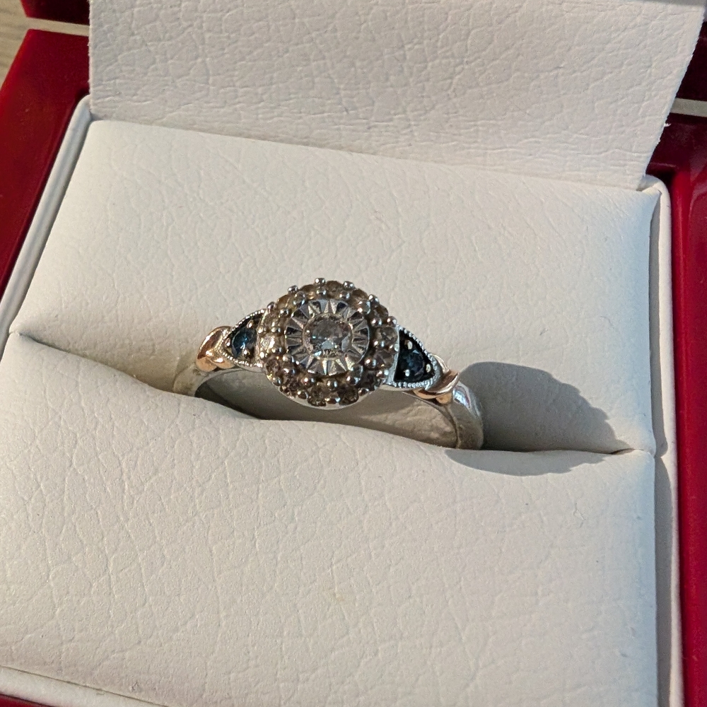 Blue and White Diamond Ring in 10K Two-Tone Gold